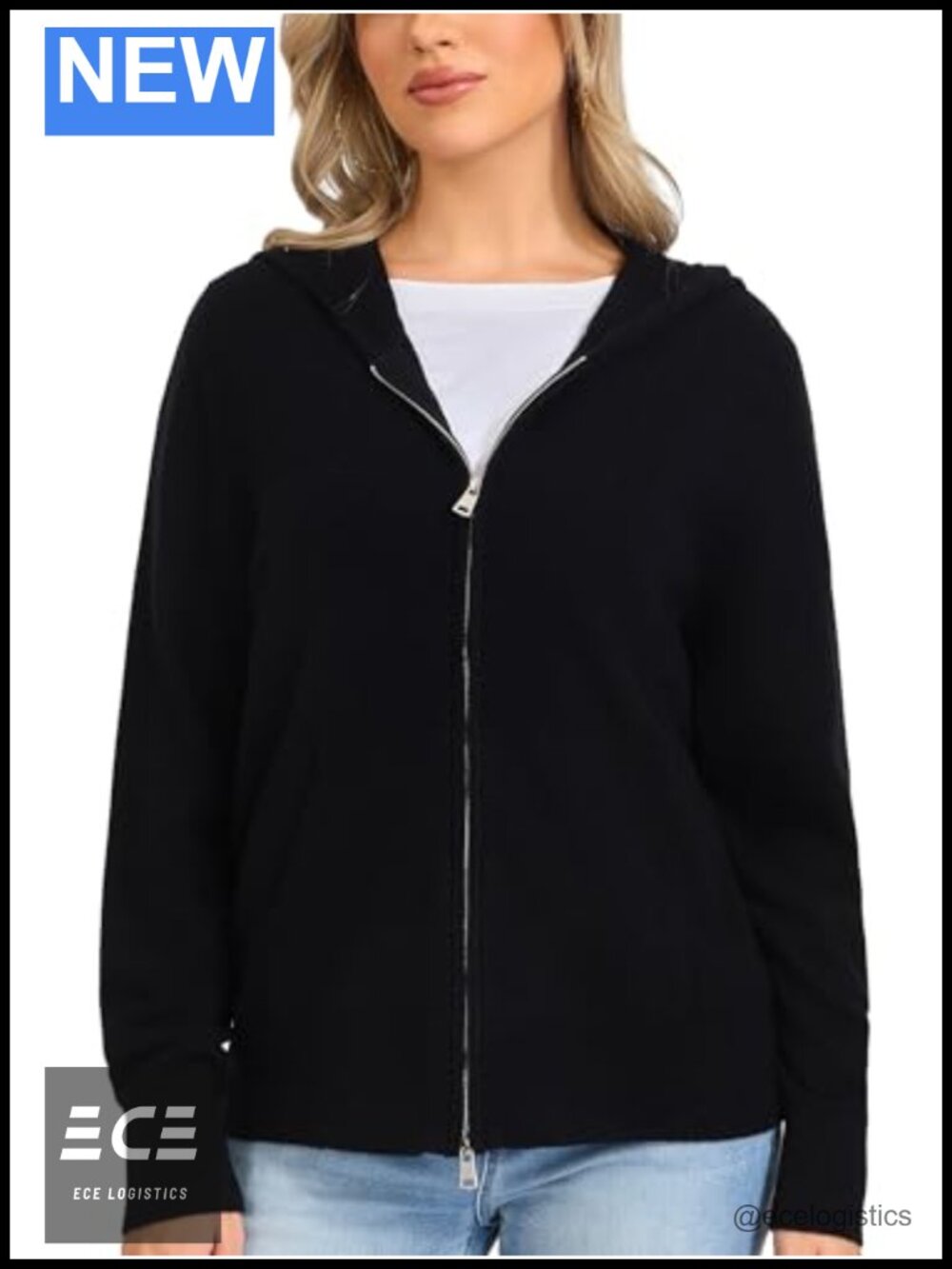 100% Merino Wool Hooded Cardigan Two-Way Zip Sweater